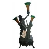 LARGE VINTAGE VICTORIAN-STYLE FIGURAL LAMP THAT APPEARS TO BE BRONZE, WITH 3 ART GLASS LOTUS-STYLE SHADES; APPROX. 38" TALL