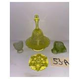 ANTIQUE VASELINE GLASS BUTTER/CHEESE DISH, SMALL IRIDESCENT ART GLASS FOOTED VASE, DOG-HEAD CANDLEHOLDER OR CATCH-ALL, AND CURTAIN TIEBACK