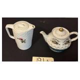 VINTAGE FOOTED ENGLISH TEAPOT WITH GOLD TRIM AND BASKET-WEAVE ELECTRIC TEAPOT WITH FLORAL DECOR; NO CORD