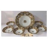 NIPPON BERRY SET: LARGE BOWL AND 6 INDIVIDUAL BOWLS, HAND-PAINTED WITH HEAVY GOLD TRIM, MARKED “N IN WREATH”