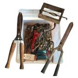 ASSORTED HAND TOOLS TO INCLUDE PIPE WRENCHES, SOCKETS, BRACE AND BIT, PALM SANDER, GARDEN SNIPS, OPEN-FACE WRENCHES, ETC.