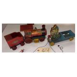 VINTAGE PULL TOYS: WOODEN TRAIN, APPROX. 15.5" LONG, WITH BELL; METAL-AND-WOOD CAT WITH GONG, APPROX. 11.5" LONG; LIGHT DAMAGE
