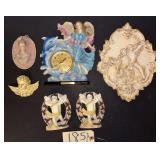 RESIN AND COMPOSITE LOT TO INCLUDE WALL PLAQUE, APPEARS TO BE CHALK; PAIR OF CANDLEHOLDERS; ANGEL CLOCK; ETC.