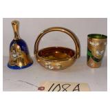 VINTAGE/ANTIQUE LOT: COBALT GLASS BELL WITH HEAVY GOLD AND ENAMEL TRIM; AMBER GLASS BASKET WITH HEAVY GOLD AND ENAMEL TRIM, BEARING PAPER LABEL READING “BOHEMIA GLASS, MADE IN CZECHOSLOVAKIA”; SMA