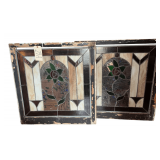 PAIR OF ANTIQUE STAINED GLASS WINDOWS, APPROX. 32" SQUARE; REAR WINDOW AT RIGHT HAS BROKEN PIECE NEAR UPPER RIGHT CORNER