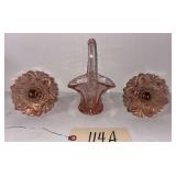 2 ANTIQUE DEPRESSION-ERA PINK GLASS CURTAIN TIEBACKS/HOLDERS AND SMALL PINK WESTMORELAND GLASS BASKET, MARKED “W G”