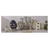 VINTAGE 3-LIGHT CANDELABRUM WITH CHERUB DECOR; SMALL GERMAN GIRL-ON-CAROUSEL-HORSE FIGURINE; VICTORIAN-STYLE PORTRAIT PITCHER; PORCELAIN PORTRAIT EGG ON BRASS FEET, BEARING NEWER “LIMOGES” MARK; L