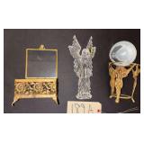 VINTAGE BRASS-AND-GLASS FOOTED BOX, GAZING-BALL-STYLE GLASS ORB IN BRASS STAND, AND WATERFORD CRYSTAL ANGEL