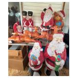 10 VINTAGE BLOW-MOLD OUTDOOR CHRISTMAS DECORATIONS: BEAR APPROX. 36" TALL, REQUIRES REWIRING; SOLDIERS APPROX. 31" TALL AND SMALL SANTAS IN GOOD CONDITION; LARGE SANTAS WITH HOLES/CRACKS; REINDEER MIS