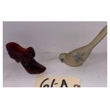 VINTAGE FENTON PIECES: UNMARKED AMBERINA “SHOE”, HAND-PAINTED BIRD MARKED FENTON - SIGNATURE APPEARS TO READ “P.Y. PALMER”