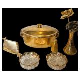 HALL OVENPROOF GOLDEN GLO NO. 103 OVAL LIDDED BAKING DISH; GOLD-OVERLAY DIAMOND-SHAPE HANDLED DISH; 2 CLEAR PRESSED-GLASS BOWLS WITH GOLD TRIM; SINGLE GOLD-TONE SHAKER; HOLLEY ROSS 22K GOLD-LAYERED PO