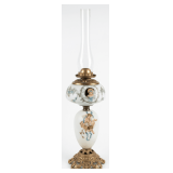 VINTAGE HAND-PAINTED ELECTRIC LAMP WITH BRASS BASE AND GLASS GLOBE, APPROX. 33" TALL OVERALL