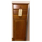 2 JEWELRY CABINETS: SMALL OAK CABINET WITH ADDITIONAL DRAWERS BEHIND DOOR AND LIFT-TOP, APPROX. 33" TALL X A LITTLE OVER 12" WIDE X 7 3/4" DEEP; CURVED-TOP CABINET WITH DRAWERS, APPROX. 40" TALL X 19"