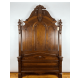 ORNATE ANTIQUE VICTORIAN BED WITH HIGH HEADBOARD, FOOTBOARD, AND RAILS; APPEARS TO BE FULL-SIZE; HEADBOARD APPROX. 7.5 FT. TALL