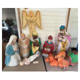 9-PIECE VINTAGE BLOW-MOLD NATIVITY SCENE WITH PAINT LOSS; NO BREAKS OR HOLES NOTED; HANGING ANGEL INCLUDED; COW MISSING 1 EAR; TALLEST PIECE APPROX. 35"