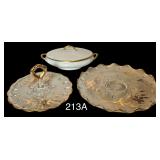 VINTAGE LIMOGES WHITE PORCELAIN CASSEROLE DISH WITH GOLD TRIM, HANDLES, AND LID; LARGE FOOTED SERVING TRAY WITH SCALLOPED RIM; CENTER-HANDLED GLASS SERVING TRAY