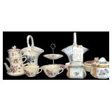 10 PIECES OF BLUE-AND-PURPLE FLORAL CHINA/PORCELAIN; FROM SECOND SHELF OF CHINA CABINET; AS PICTURED