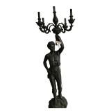 VINTAGE HEAVY METAL ARCHITECTURAL-STYLE FIGURAL LAMP WITH BRONZE-TYPE FINISH, APPROX. 63" TALL EXCLUDING BULBS; TURBANED MALE FIGURE HOLDING 5-LIGHT “TORCH”