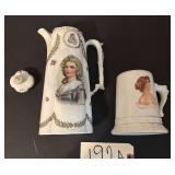 ANTIQUE TALL TEA OR CHOCOLATE POT WITH GERMAN MARK; SPOUT APPEARS REPAIRED; LARGE PORTRAIT MUG