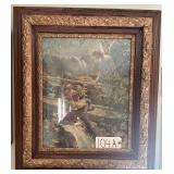 VINTAGE OAK AND GOLD-PAINTED FRAME WITH VICTORIAN-STYLE PRINT OF ANGEL WATCHING OVER CHILDREN, APPROX. 25.5" X 29.5"