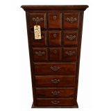 VINTAGE AMERICAN DREW MAHOGANY 7-DRAWER CHEST, APPROX. 4 FT. TALL; WEAR AND LIGHT DAMAGE TO FRONT OF BASE