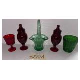 VINTAGE ETCHED GREEN GLASS BASKET, 2 RED GLASS FOOTED LIDDED JARS, RUBY STEMMED GLASS, AND GREEN VASE