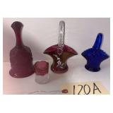 4 VINTAGE PIECES: FENTON E. BROWN HAND-PAINTED CRANBERRY BASKET WITH APPLIED HANDLE, RUBY RED CAPE COD BELL, COMMEMORATIVE RUBY-FLASHED SMALL VASE, AND COBALT GLASS BASKET