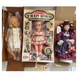 LARGE SHIRLEY TEMPLE DOLL IN BOX, APPROX. 15" TALL; NEW-IN-BOX BABY DOLL, 17" TALL; DOLL MUSIC BOX; BOXES WITH DAMAGE
