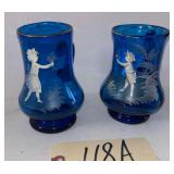 PAIR OF VINTAGE COBALT MARY GREGORY-STYLE FOOTED HANDLED MUGS: 1 BOY, 1 GIRL