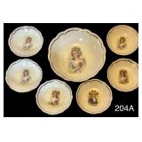 ANTIQUE PORTRAIT BOWL SET: LARGE BOWL AND 6 SMALLER BOWLS WITH COORDINATING PORTRAITS - APPEAR TO BE GERMAN HAND-PAINTED; GOOD CONDITION