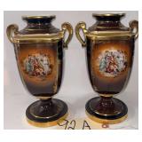 PAIR OF VINTAGE NORITAKE VASES WITH GOLD-TONE TRIM AND PORTRAIT SCENES, 10" TALL