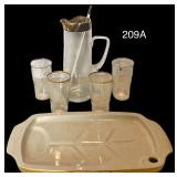 UNMARKED THERMOSERVE BAKING TRAY, MISSING PLUG/STOPPER; GOLD-TRIMMED GLASS LEMONADE SET WITH TALL PITCHER AND 4 TUMBLERS