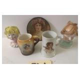 LOT TO INCLUDE 2 HEAD VASES, VINTAGE/ANTIQUE PORTRAIT MUGS, AND ROUND FRAMED PRINT