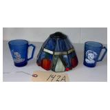 SMALL STAINED GLASS LAMPSHADE; 2 ANTIQUE COBALT GLASS SHIRLEY TEMPLE MUGS, 1 SIGNED ON BASE AND DATED 1930