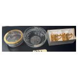 PRESSED/CUT GLASS BOWL, VINTAGE CLEAR CANDY DISH WITH GOLD-TONE TRIM, AND 2 GOLD-TONE METAL HANDLED MUG BASES WITH GLASS INSERTS