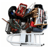 LOT TO INCLUDE 7 HANDSAWS; CIRCULAR SAW; PLASTIC TOOLBOXES; BLOWER AND COMPRESSOR, BOTH UNTESTED; 2 STEP LADDERS; HEDGE TRIMMERS; METAL DIXIE DAIRY CRATE