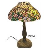VINTAGE TIFFANY-STYLE 2-LIGHT LAMP WITH DRAGONFLY-DESIGN SHADE, APPROX. 16" DIAMETER X 20.5" TALL, WITH PULL CHAINS; WORKING