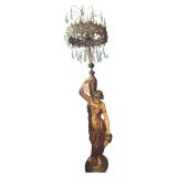 ORNATE VINTAGE ITALIAN-STYLE FIGURAL FEMALE LAMP WITH PRISMS, APPROX. 6.5 FT. TALL; CHIP TO URN HELD IN FIGURE