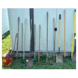 LARGE ASSORTMENT OF YARD AND GARDEN TOOLS; VINTAGE METAL GASOLINE CAN; ALL AS IS/AS FOUND - SOME ITEMS SHOW RUST