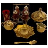 PICKARD CHINA GOLDEN LEAF DISH; GOLD-PLATED CREAMER, SUGAR, AND SPOON; HOLLEY ROSS 22K GOLD-COVERED FOOTED DISH WITH HANDLED LID; RUBY RED PRESSED-GLASS TUMBLER WITH GOLD TRIM; AMBER GLASS CRUET SET I