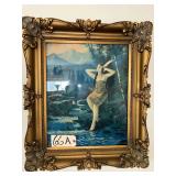 ANTIQUE WOODEN GOLD-TONE FRAME WITH PRINT DEPICTING NATIVE AMERICAN WOMAN IN MOUNTAIN STREAM, APPROX. 18" X 24"
