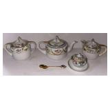 VINTAGE/ANTIQUE NORITAKE TEAPOT; COORDINATING HAND-PAINTED NIPPON CREAMER AND SUGAR; SMALL NORITAKE CONDIMENT JAR WITH ENAMELED-HANDLE SPOON