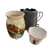 GRANITEWARE COFFEE POT, NO LID; VINTAGE ENAMELWARE PAIL WITH COCA-COLA ADVERTISING; CROCK-TYPE WATER PITCHER WITH ARTIST-SIGNED SCENE