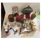 ASSORTED ITEMS TO INCLUDE ANIMATED CAROUSEL AND EGG MUSIC BOXES—HORSE MOVES UP AND DOWN, EGG OPENS TO REVEAL ROTATING FIGURE; VINTAGE JIM BEAM “OREGON CENTENNIAL 1859–1959” BOTTLE; NOLAN RYAN 