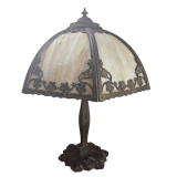 ANTIQUE SLAG GLASS LAMP WITH BRONZE FINISH, APPROX. 21" TALL