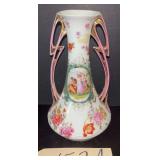 TWO-HANDLED VASE WITH PORTRAIT AND FLORAL DECOR, MARKED AUSTRIA