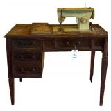 VINTAGE SINGER FASHION MATE 258 SEWING MACHINE IN WOODEN SEWING CABINET W/ SEWING NOTIONS & PATTERNS; AS-FOUND
