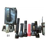 3 MAGLITE FLASHLIGHTS, OTHER ASSORTED FLASHLIGHTS, BAOFENG TWO-WAY RADIO, VINTAGE MOTOROLA CELL PHONE, OTHER VINTAGE TELEPHONE