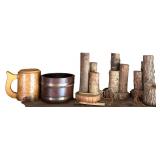 ASSORTED RUSTIC WOOD ITEMS TO INCLUDE WOODEN MUG, WOODEN NUT DISH, & RUSTIC LOG DECOR