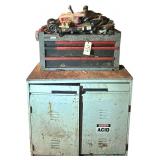 3-DRAWER JC PENNEY TOOL BOX W/ CONTENTS TO INCLUDE STABILIZER, DRILL BITS, FILES, RIVET GUN, OIL FILTER, ETC.; METAL 2-DOOR SHOP CABINET